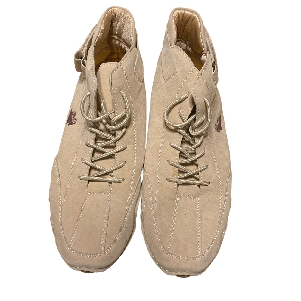 LDECK Mens Tan Beige Mid Top Lace Up Sneakers Ankle Strap Size 44 Ram Logo